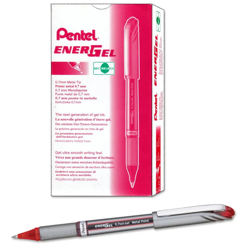 EnerGel NV Liquid Gel Pen, (0.7mm) Metal Tip, Medium Line Capped, Red Ink