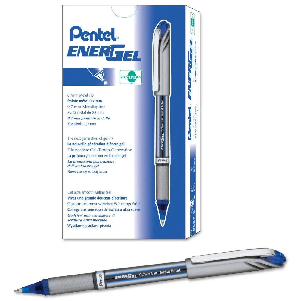 EnerGel NV Liquid Gel Pen, (0.7mm) Metal Tip, Medium Line Capped, Blue Ink