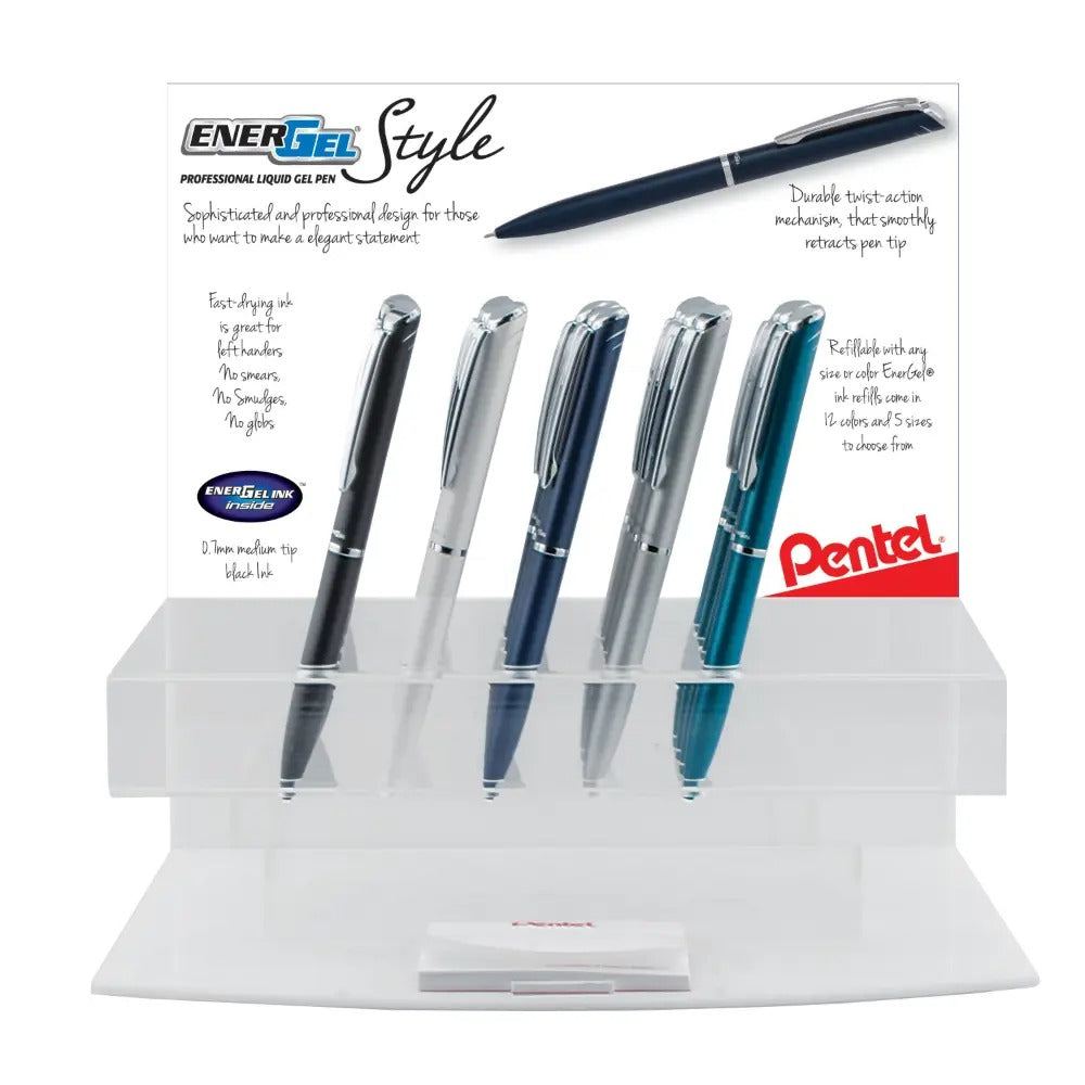 EnerGel Style Gel Pen, (0.7mm) Medium Line, Assorted Barrels (AWCZS), Black Ink, Open Stock Display - 20 Pieces