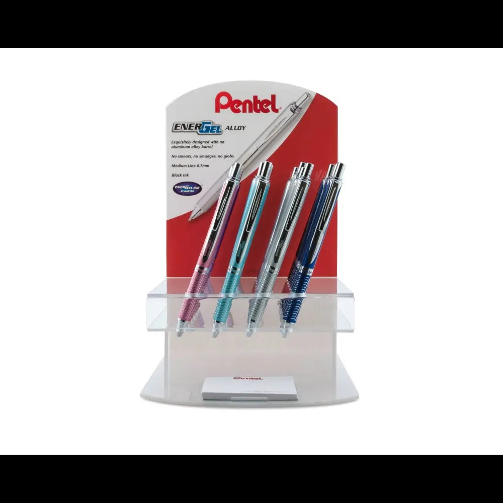EnerGel Alloy Retractable Premium Liquid Gel Pen, (0.7mm) Metal Tip, Medium Line, Silver, Black, Blue, Aquamarine, Pink & Violet Barrel, Black Ink, Open Stock Display - 24 Pieces