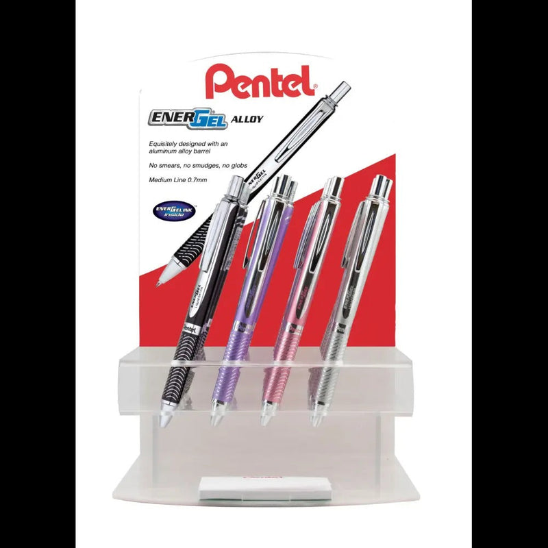 EnerGel Alloy Retractable Premium Liquid Gel Pen, (0.7mm) Metal Tip, Medium Line, Silver, Black, Blue, Aquamarine, Pink & Violet Barrel, Black Ink, Open Stock Display - 24 Pieces