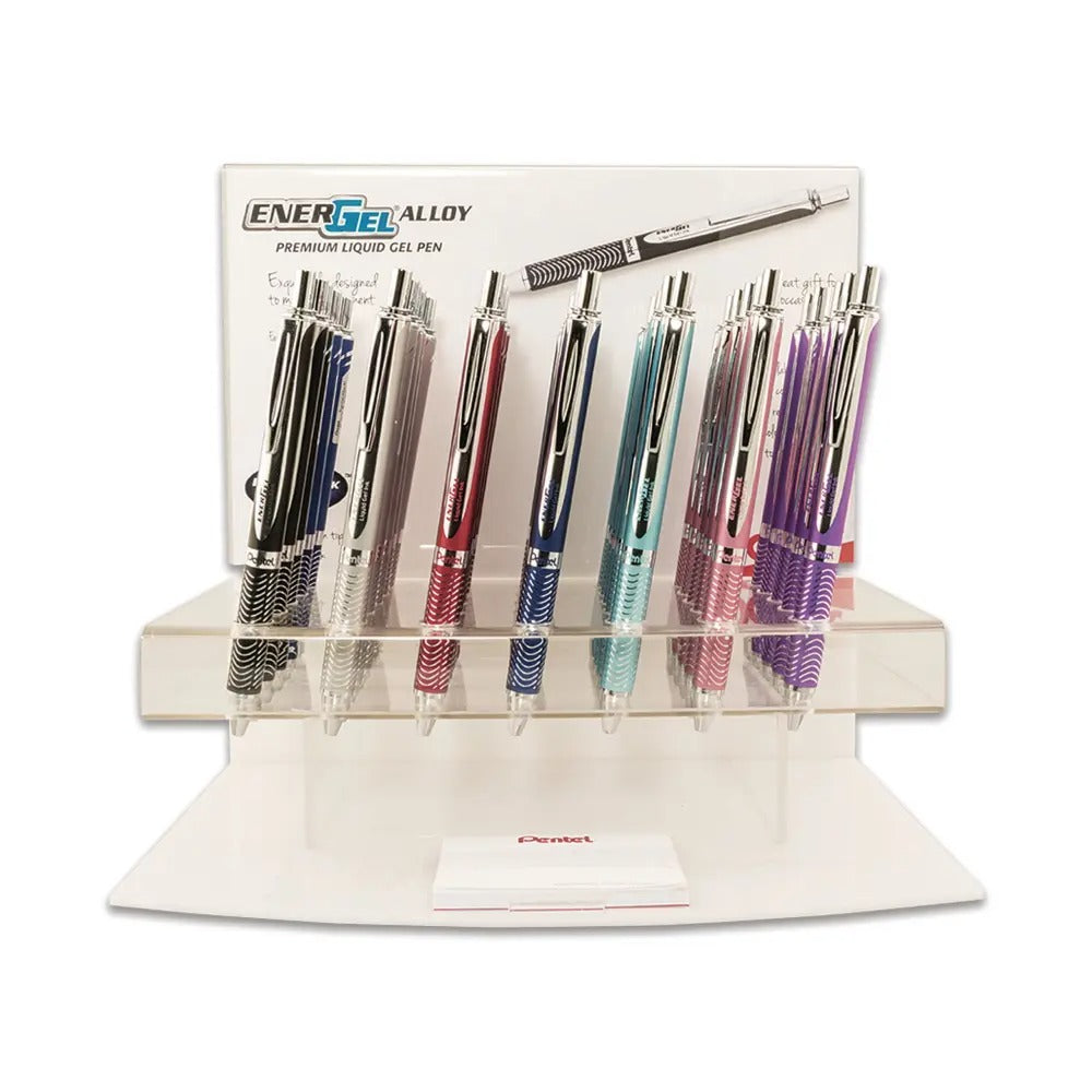 EnerGel Alloy Retractable Premium Liquid Gel Pen, (0.7mm) Metal Tip, Medium Line, Assorted Barrels (A/B/C/LS/P/V/Z), Black Ink, Open Stock Display - 35 Pieces