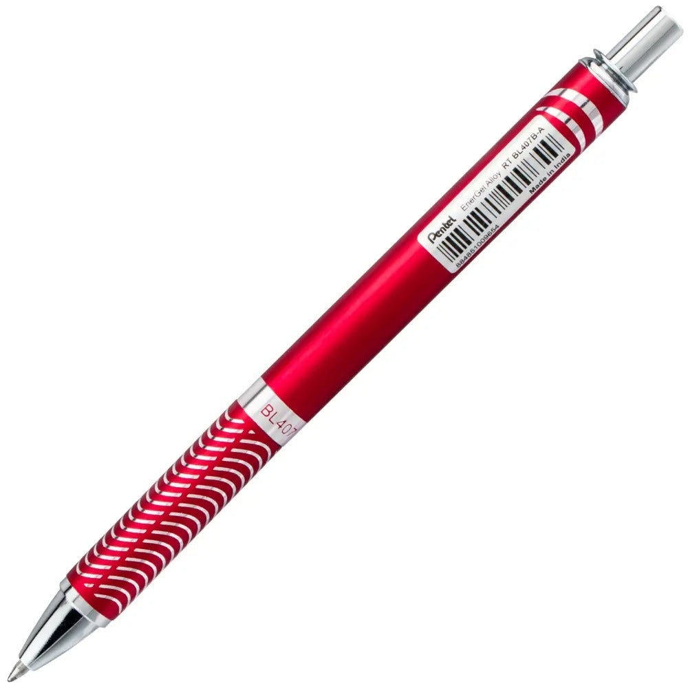 EnerGel Alloy Retractable Premium Liquid Gel Pen, (0.7mm) Metal Tip, Medium Line, Red Barrel, Black Ink