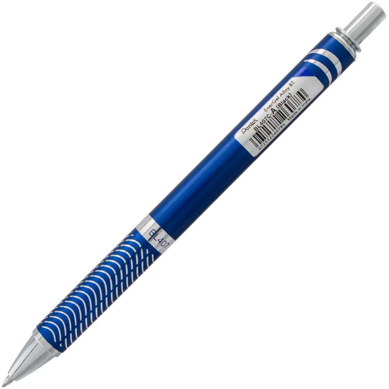EnerGel Alloy Retractable Premium Liquid Gel Pen, (0.7mm) Metal Tip, Medium Line, Blue Barrel, Black Ink