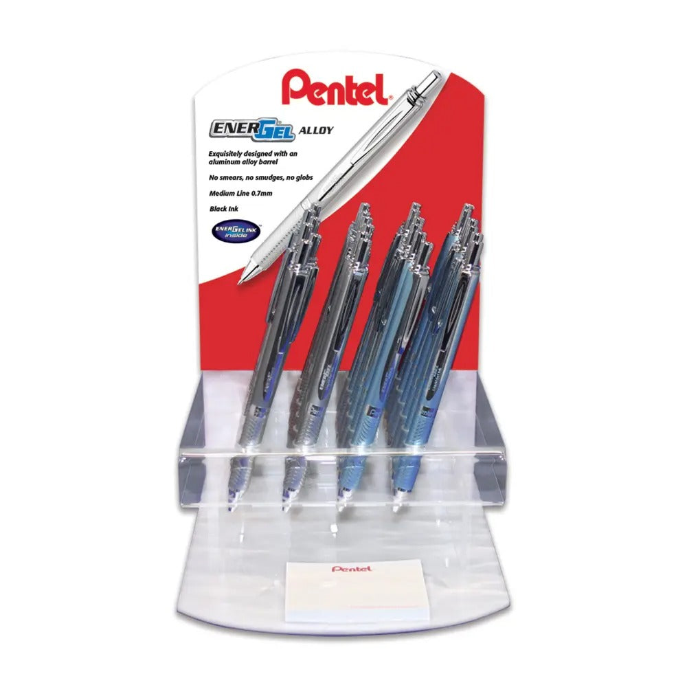 EnerGel Alloy Retractable Premium Liquid Gel Pen, (0.7mm) Metal Tip, Medium Line, Aquamarine/Silver Barrels, Black Ink, Open, Stock Display - 24 Pieces