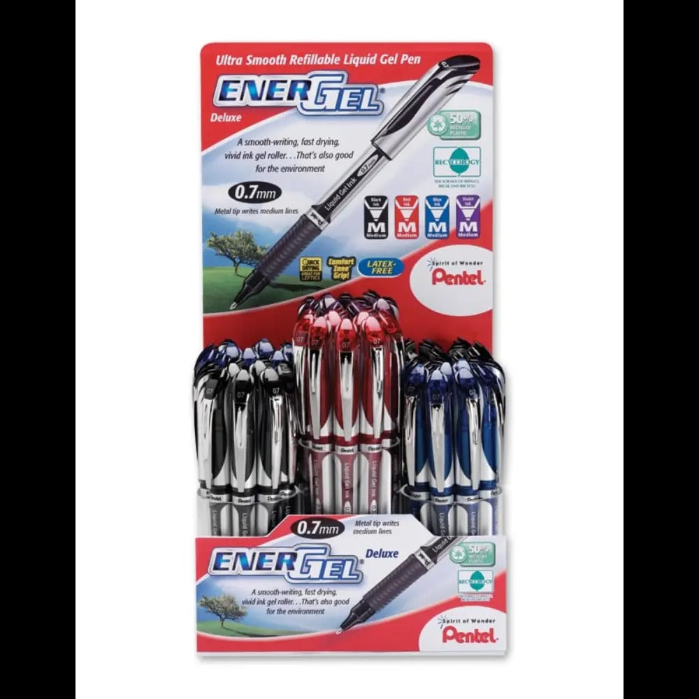 EnerGel Deluxe Liquid Gel Pen, (0.7mm) Metal Tip, Medium Line Capped, Assorted Ink Colors, Open, Stock Display - 72 Pieces