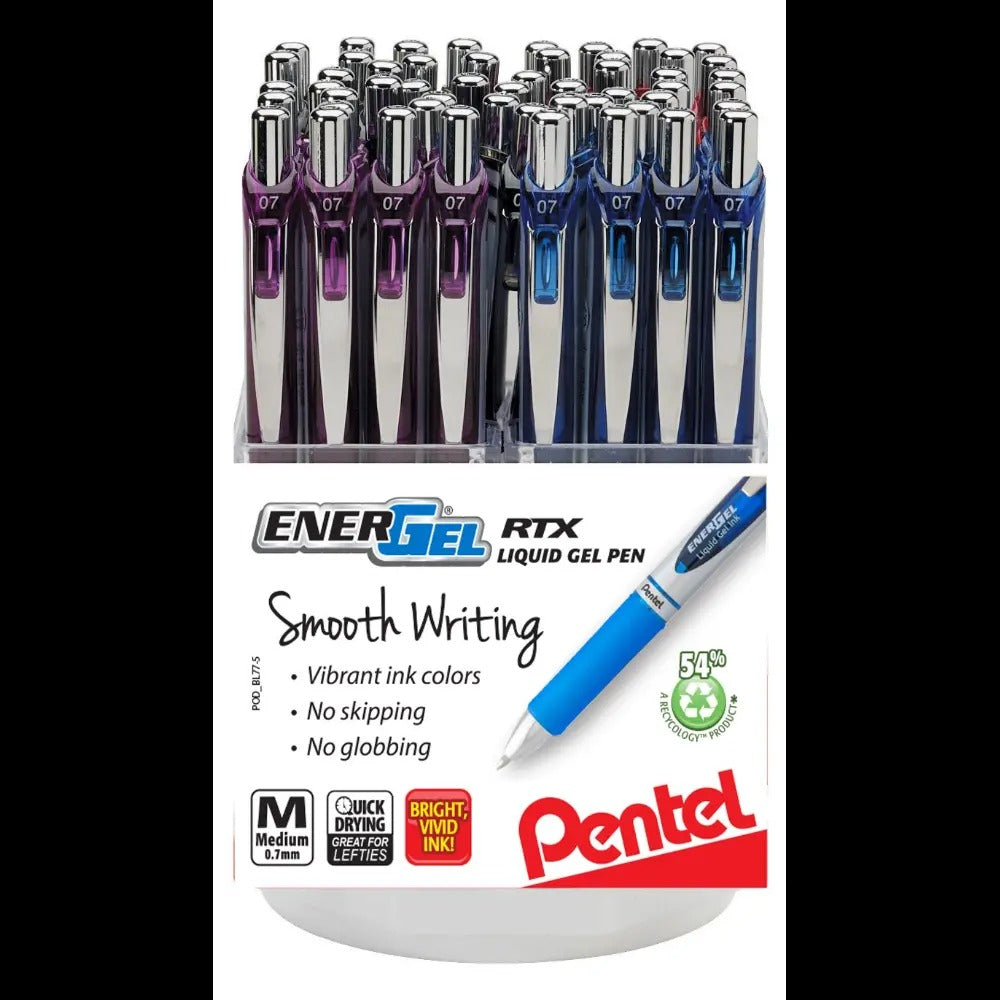 EnerGel RTX Retractable Liquid Gel Pen, (0.7mm) Metal Tip, Medium Line, Assorted Ink Colors, Open Stock Spinner Display - 60 Pieces