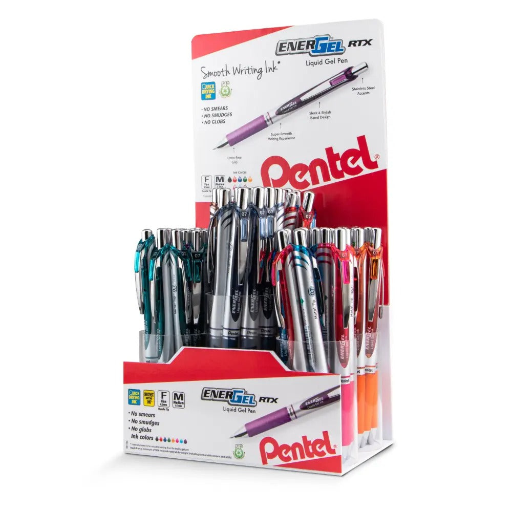 EnerGel RTX Retractable Liquid Gel Pen, (0.7mm) Metal Tip, Medium Line, Assorted Ink Colors, Open Stock Display - 72 Pieces