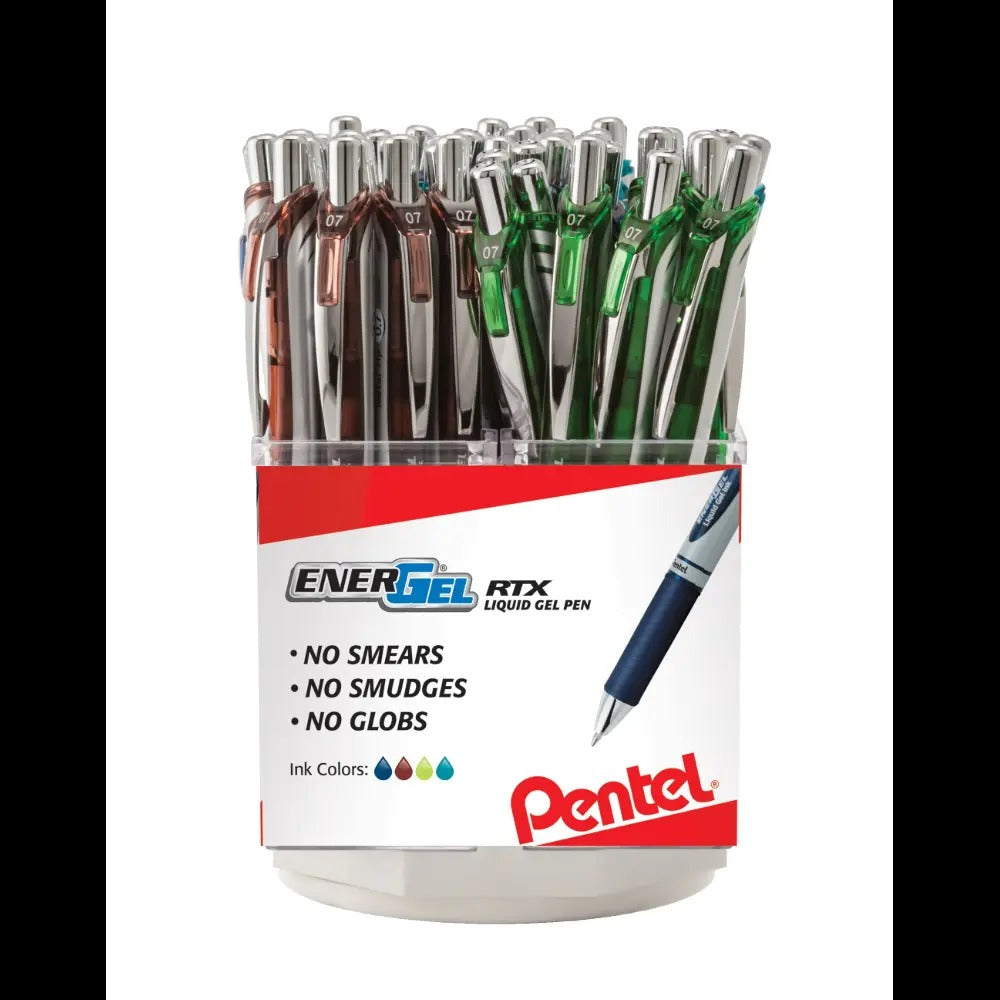 EnerGel RTX Retractable Liquid Gel Pen, (0.7mm) Metal Tip, Medium Line, Assorted Ink (CA/E/K/S3), Open Stock Spinner Display - 48 Pieces