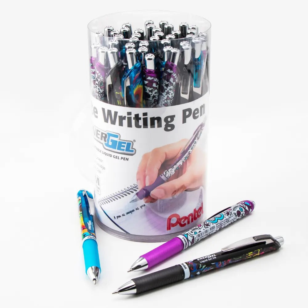 Energel RTX Liquid Gel Pen, (0.7mm) Medium Line, Black Ink - 36 pcs Canister w/4 impressions designs