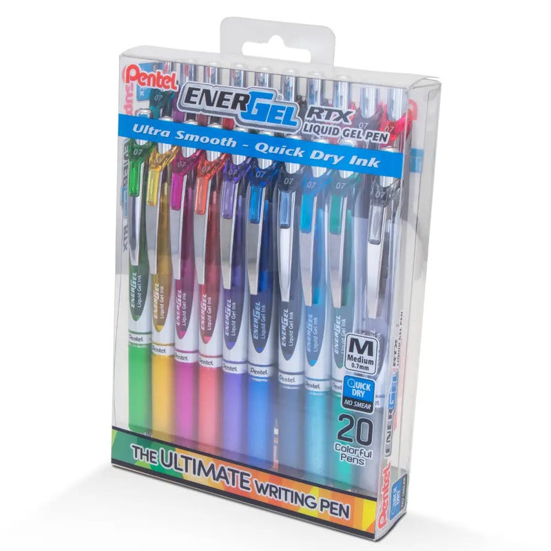 EnerGel RTX Liquid Gel Pen, (0.7mm) Medium Line, Assorted ink- 20-pk plastic box