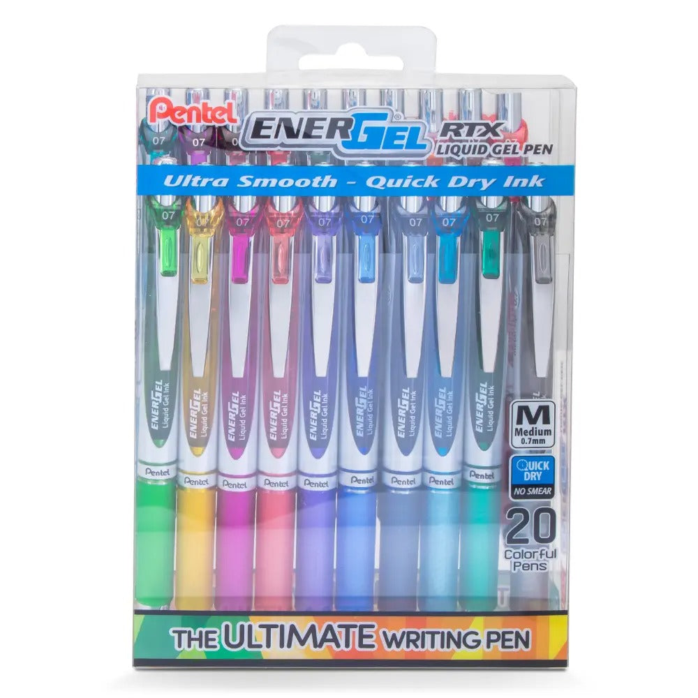 EnerGel RTX Liquid Gel Pen, (0.7mm) Medium Line, Assorted ink- 20-pk plastic box