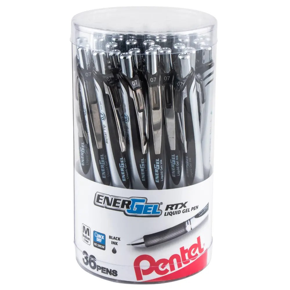 EnerGel RTX Retractable Liquid Gel Pen, (0.7mm) Metal Tip, Medium Line, Canister Black Ink, 36pk