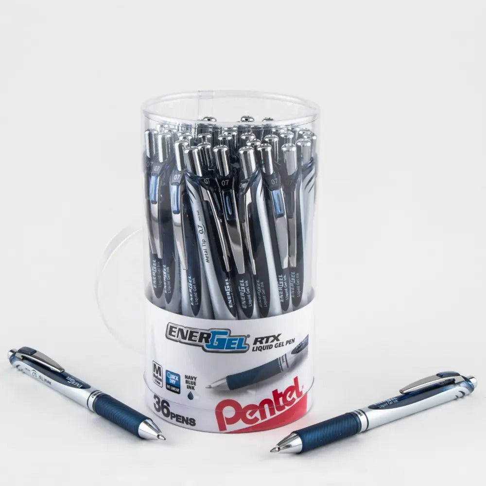 EnerGel RTX Retractable Liquid Gel Pen, (0.7mm) Metal Tip, Medium Line, Canister Navy Blue Ink 36pk