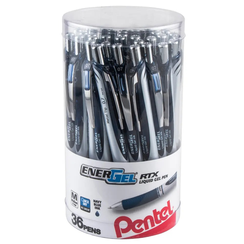 EnerGel RTX Retractable Liquid Gel Pen, (0.7mm) Metal Tip, Medium Line, Canister Navy Blue Ink 36pk