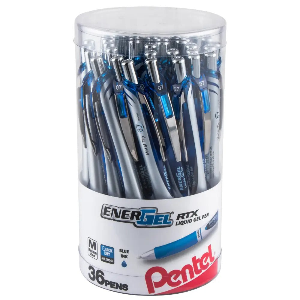 EnerGel RTX Retractable Liquid Gel Pen, (0.7mm) Metal Tip, Medium Line, Canister Blue Ink 36pk