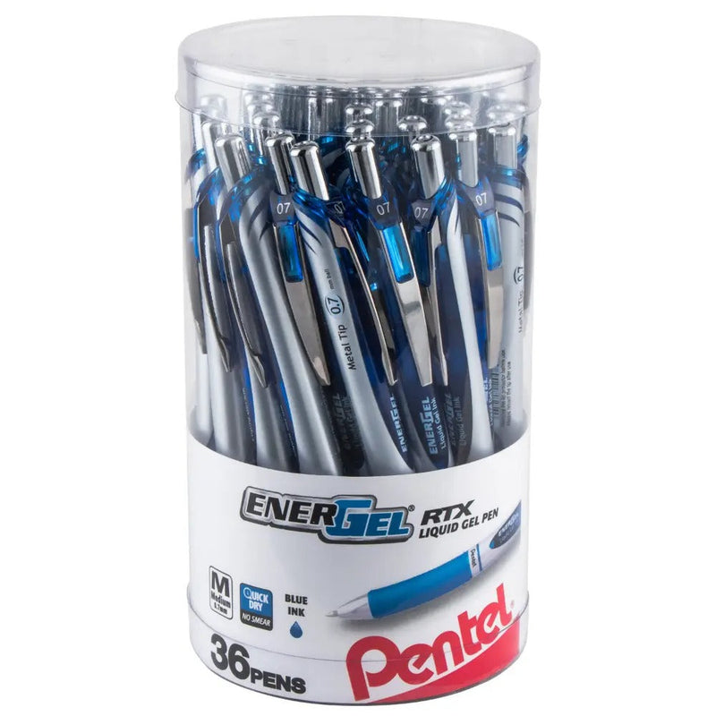 EnerGel RTX Retractable Liquid Gel Pen, (0.7mm) Metal Tip, Medium Line, Canister Blue Ink 36pk