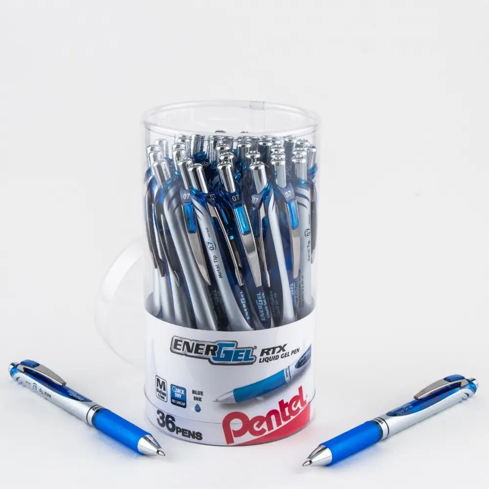 EnerGel RTX Retractable Liquid Gel Pen, (0.7mm) Metal Tip, Medium Line, Canister Blue Ink 36pk