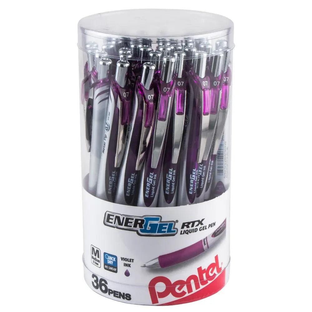 EnerGel RTX Retractable Liquid Gel Pen, (0.7mm) Metal Tip, Medium Line, Canister Violet Ink 36pk