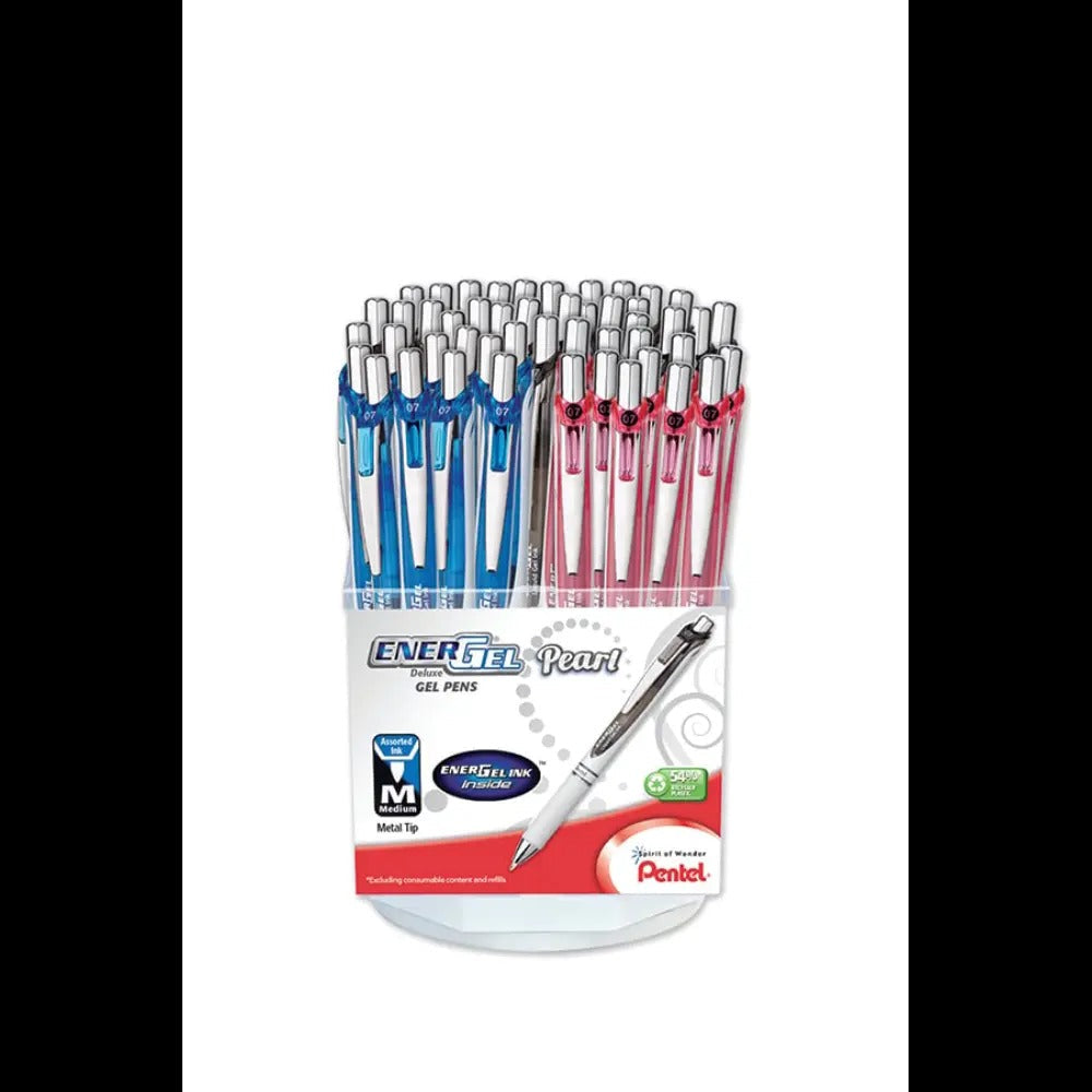 EnerGel Pearl Retractable Liquid Gel Pen, (0.7mm) Metal Tip, Medium Line, Assorted Ink (A/B/C/V), Open Stock Spinner Display - 48 Pieces