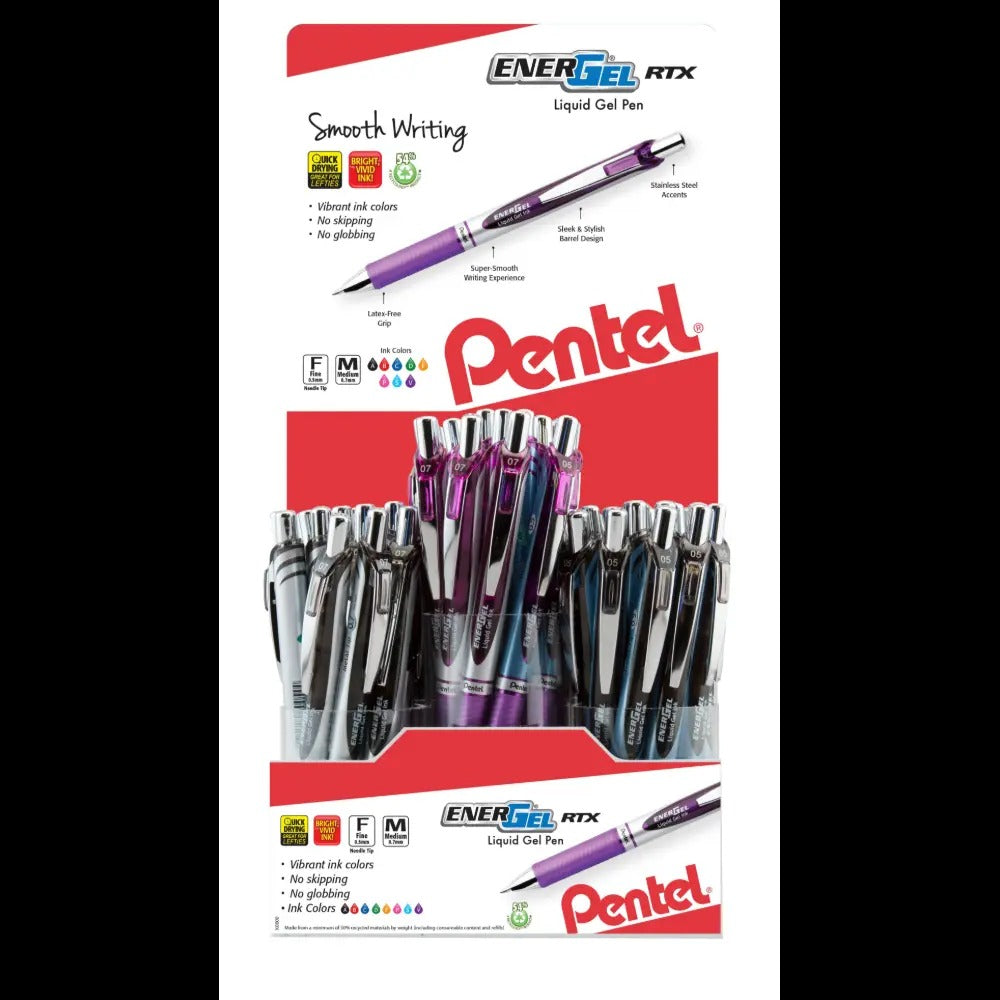 EnerGel RTX Retractable Liquid Gel Pen, (0.5mm) Needle Tip & (0.7mm) Metal Tip,Fine/Med. Line, Assorted Ink, Open, Stock Display - 60 Pieces