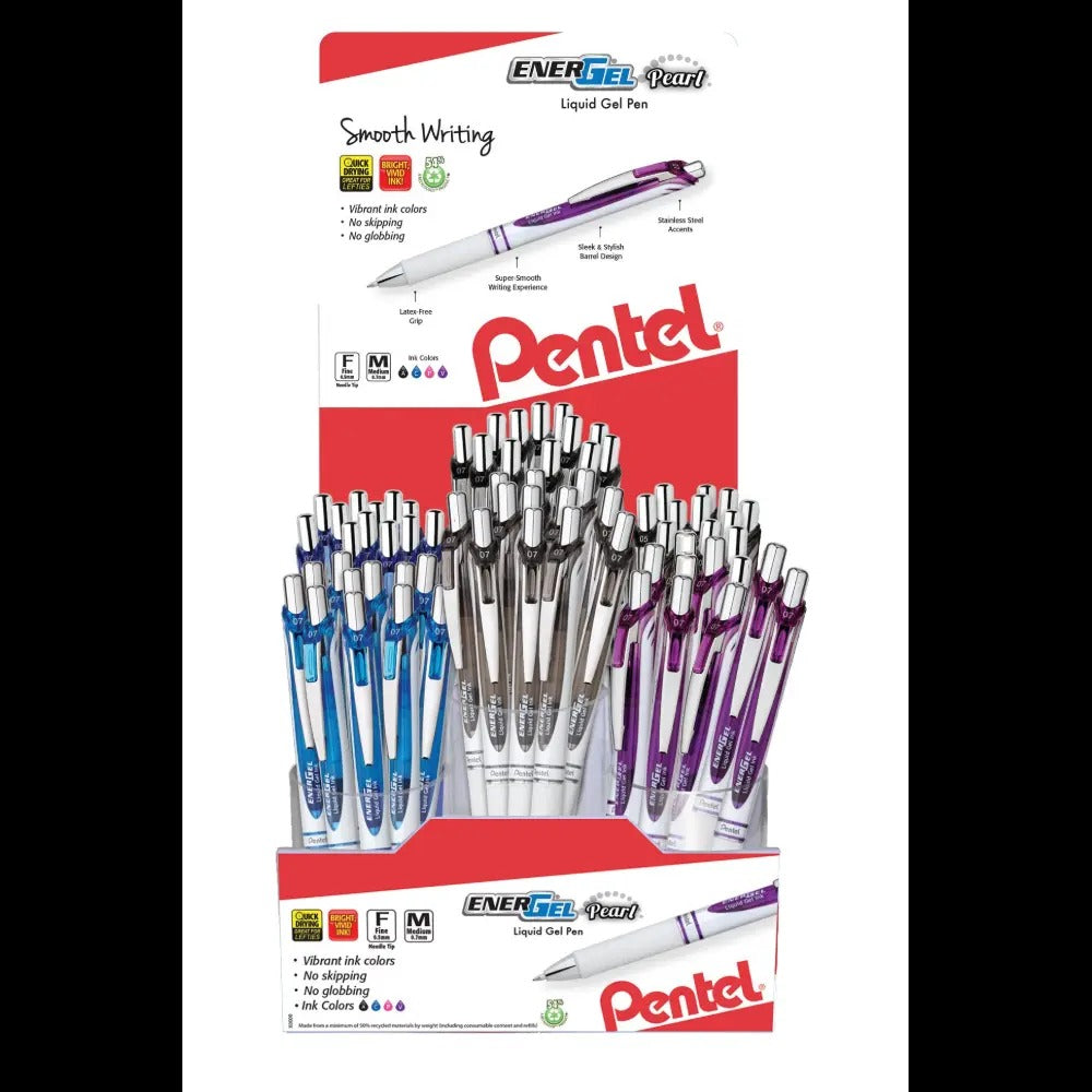 EnerGel Pearl Retractable Liquid Gel Pen, (0.5mm) Needle Tip & (0.7mm) Metal Tip, Fine/Med. Line, Assorted Ink, Open, Stock Display - 60 Pieces