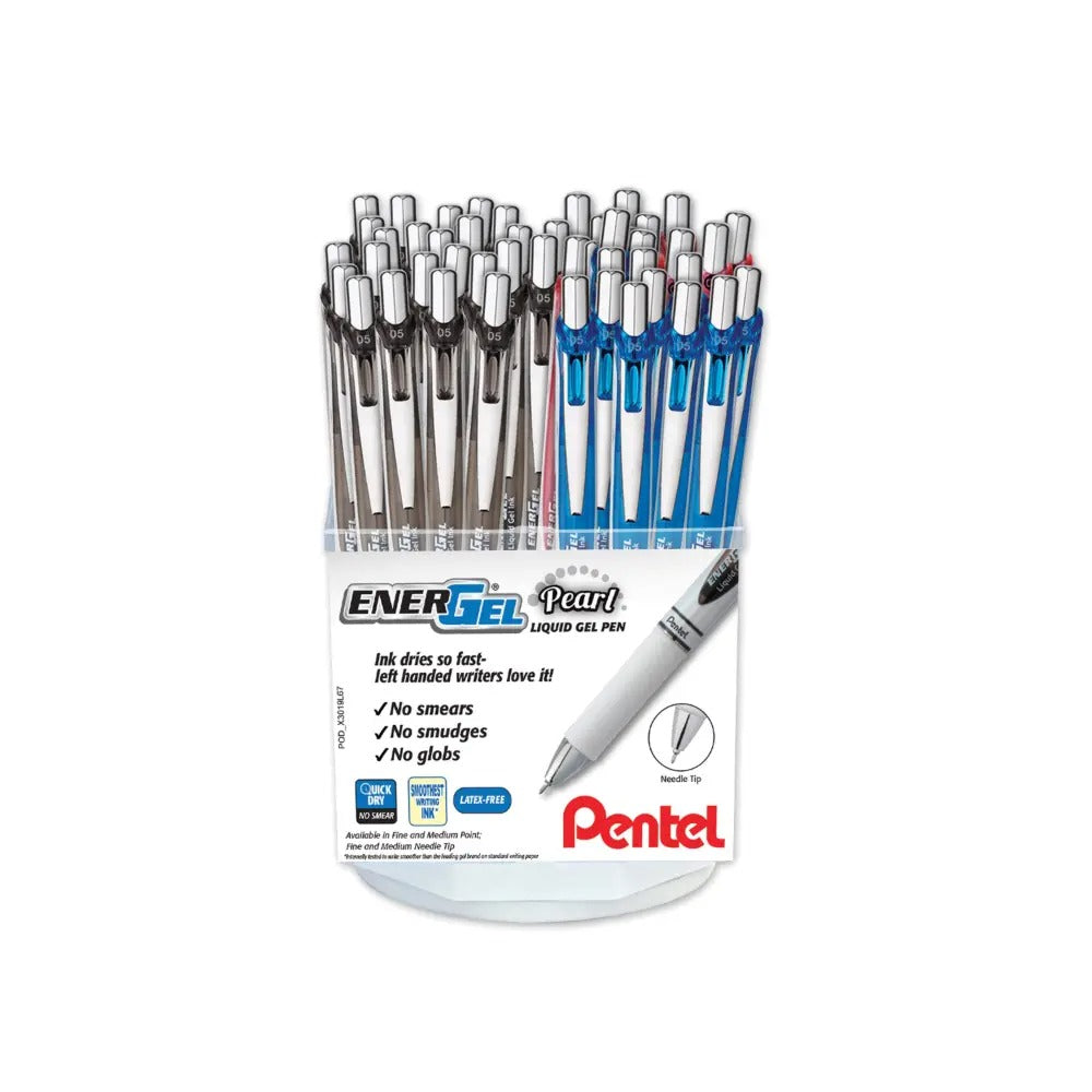 EnerGel Pearl Retractable Liquid Gel Pen, (0.5mm) Needle Tip, Fine Line, Assorted Ink, Spinner Display - 48 Pieces