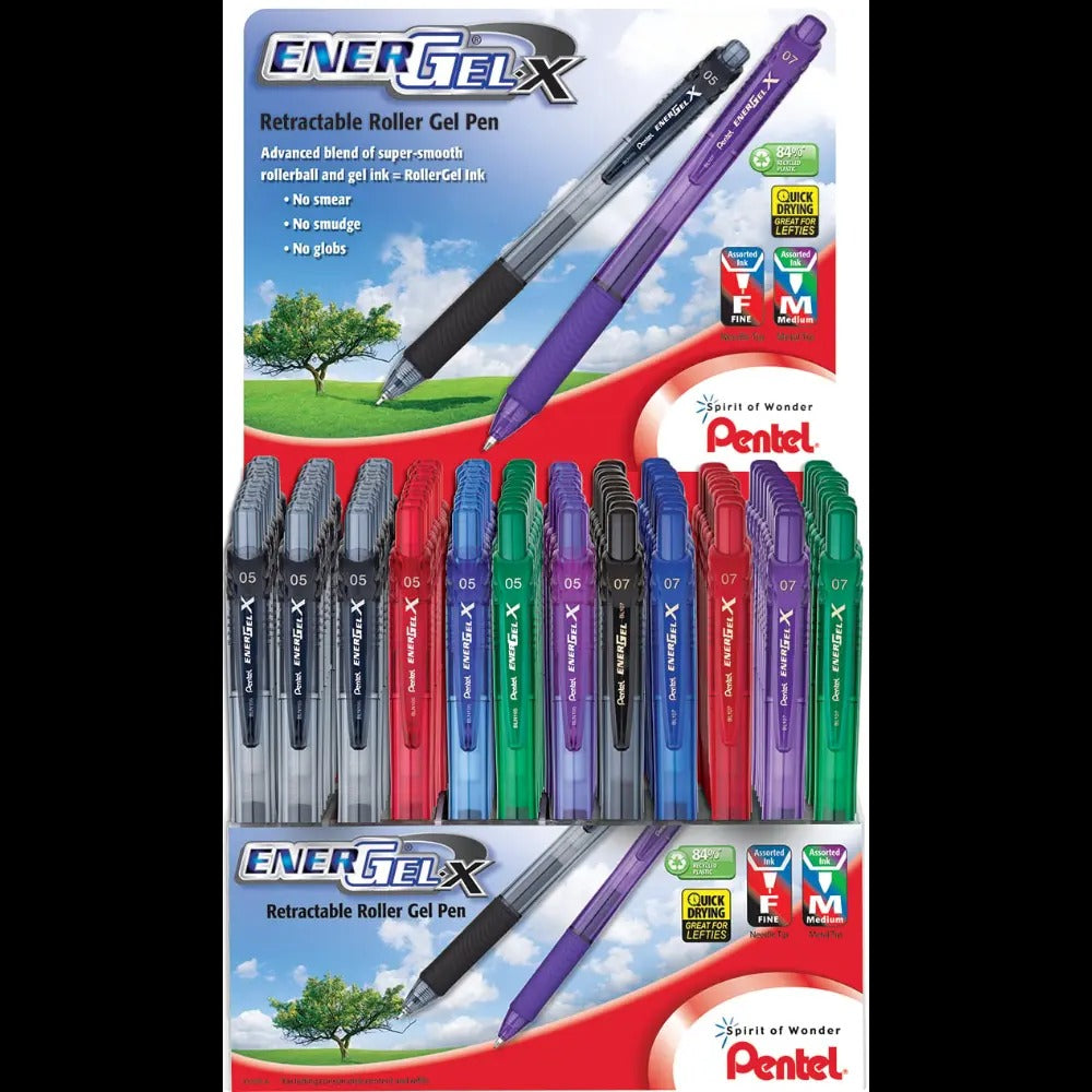 EnerGel-X Retractable Liquid Gel Pen, (0.5mm) Needle Tip & (0.7mm) Metal Tip Fine/Med. Lines, Assorted Ink Colors, Open, Stock Display - 120 Pieces