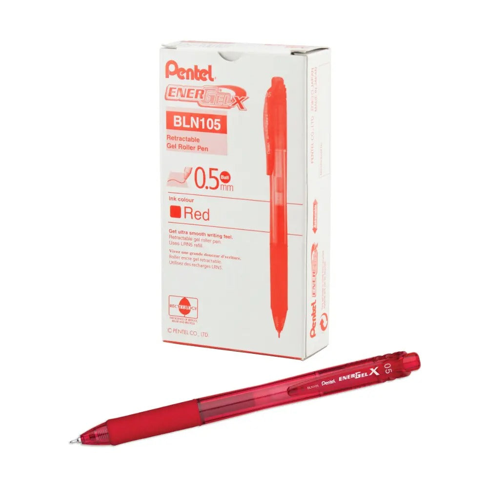 EnerGel-X Retractable Liquid Gel Pen, (0.5mm) Needle Tip, Fine Line, Red Ink