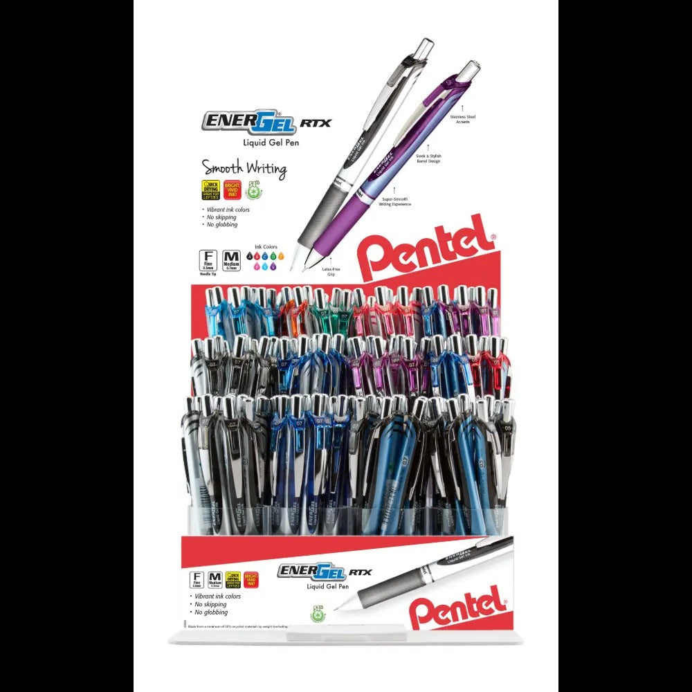 EnerGel RTX Retractable Liquid Gel Pen, (0.5mm/0.7mm) Fine & Medium Line, Needle/Metal Tip, Assorted Ink, Open, Stock Display - 144 Pieces