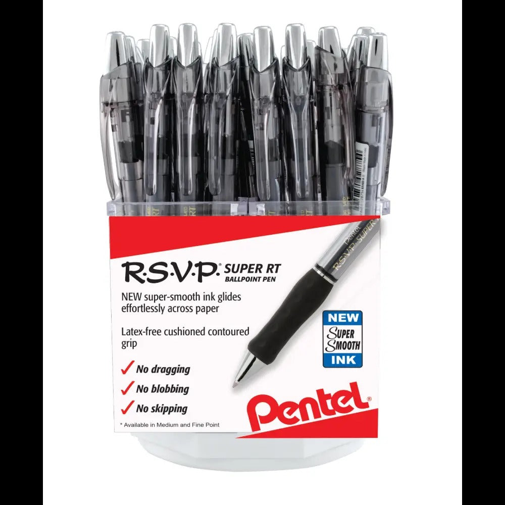 RSVP Super RT Ballpoint Pen, (0.7mm) Fine and (1.0mm) Medium Line, Black, Open Stock Square Spinner Display - 42 Pieces
