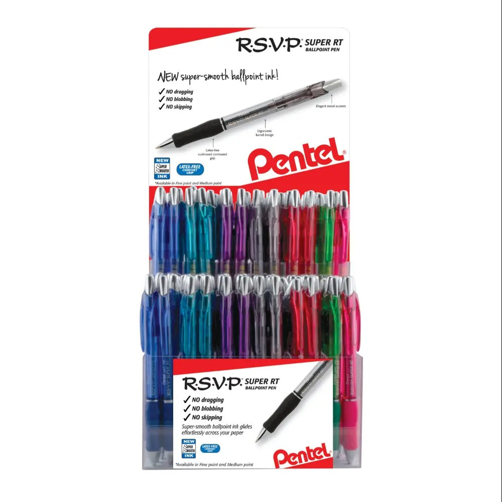RSVP Super RT Ballpoint Pen, (0.7mm) Fine and (1.0mm) Medium Line, Assorted Colors, Open Stock Display - 120 Pieces