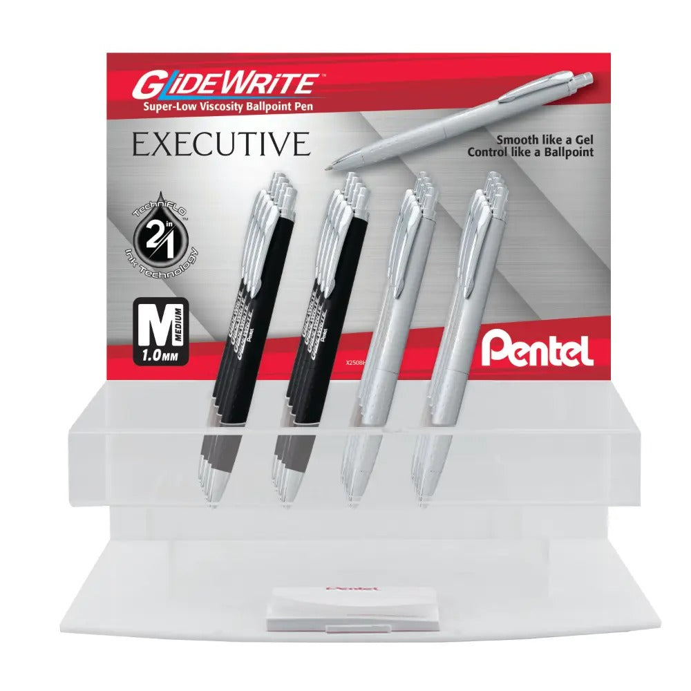 GlideWrite Executive Ballpoint Pen, (1.0mm) Med. Line, Assorted Barrels (10 matte silver, 10 matte black), Black Ink, Open Stock Display, 20 pcs.
