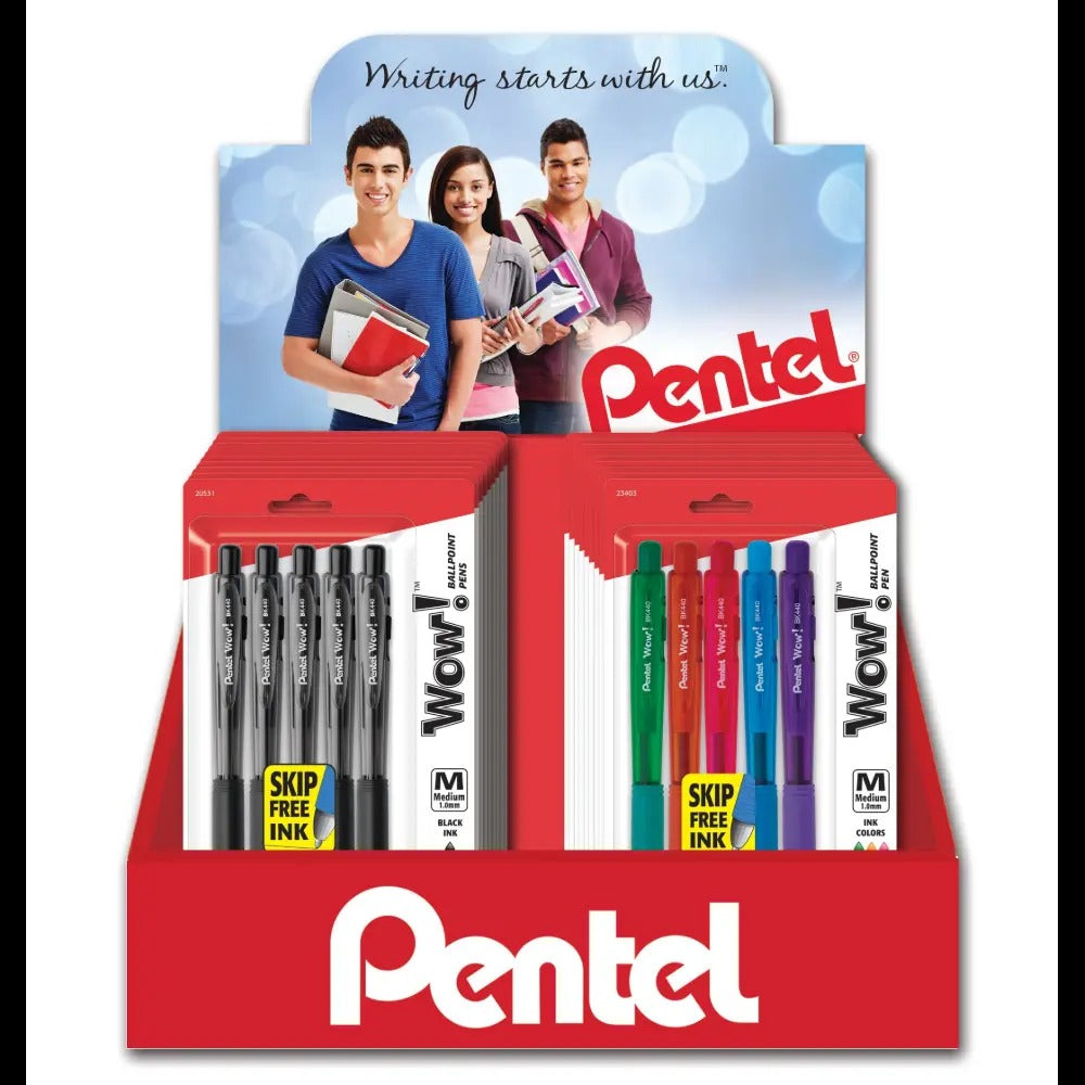Wow! Ballpoint Pen, (1.0mm) Medium Line, Assorted Ink, 5-Pks, Blister Pack Counter Display - 24 Pieces