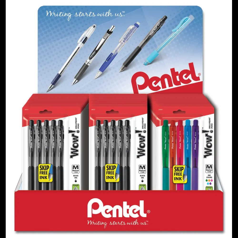 Wow! Retractable Ballpoint Pen, (1.0mm) Medium Line, Assorted Ink, 5-packs - Blister Pack Counter Display- 36 pieces