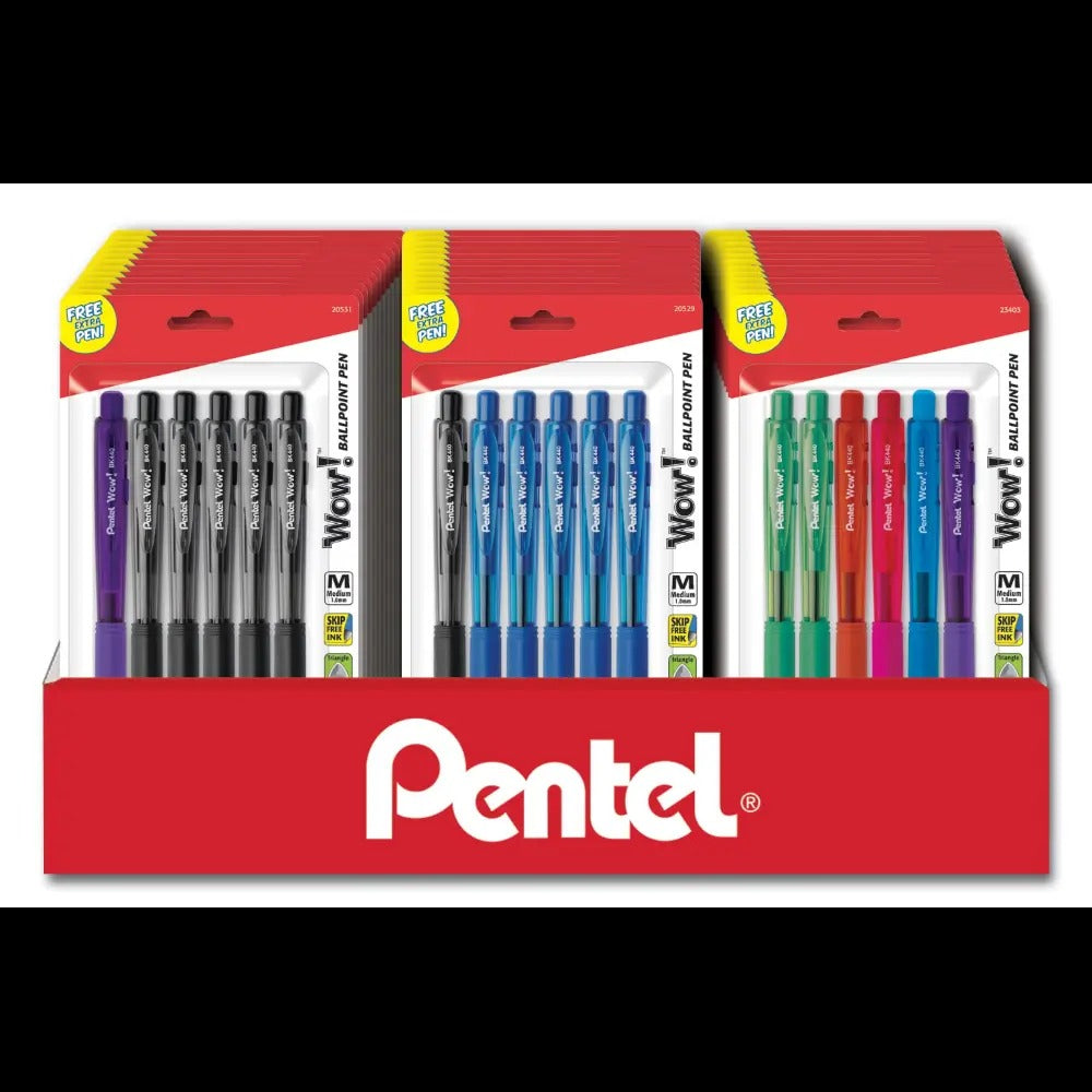 Wow! Ballpoint Pen, (1.0mm) Medium Line, Assorted Ink, 5-Pks, Blister Pack Counter Display - 36 Pieces