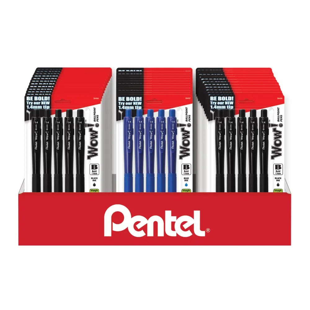 Wow! Retractable Ballpoint Pen, (1.4mm) Bold Line, Black/Blue Ink, 5-pk Blister Pack Counter Display- 36 Pieces