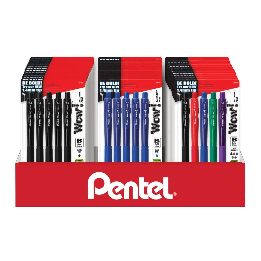 Wow! Retractable Ballpoint Pen, (1.4mm) Bold Line, Assorted Ink, 5-pk Blister Pack Counter Display- 36 Pieces