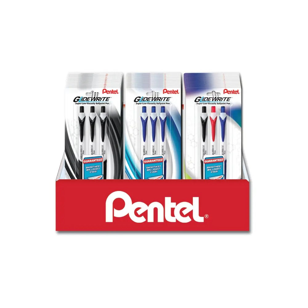 GlideWrite with TechniFlo Ink Ballpoint Pen, (1.0mm) Med. Line, Assorted Ink 3-pk Blister Pack Counter Display - 36 Pieces