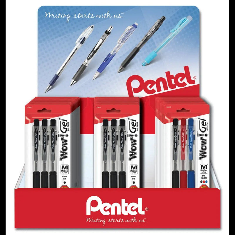 Wow! Gel Retractable Gel Pen, (0.7mm) Medium Line, Assorted Ink, Spinner Display - 36 Pieces