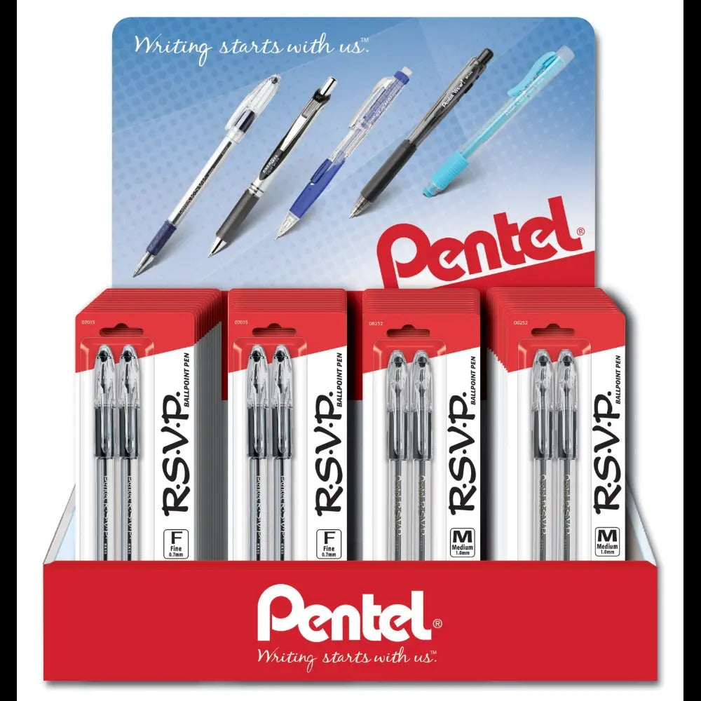 RSVP Ballpoint Pen, (0.7mm/1.0mm) Fine/Medium Line, Black Ink, 2-Pks, Blister Pack Counter Display - 48 Pieces