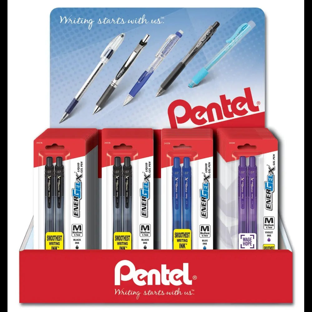 EnerGel-X Liquid Gel Pen, (0.7mm) Med. Line, Metal Tip, Assorted Ink, 2-Pks, Blister Pack Counter Display - 48 Pieces