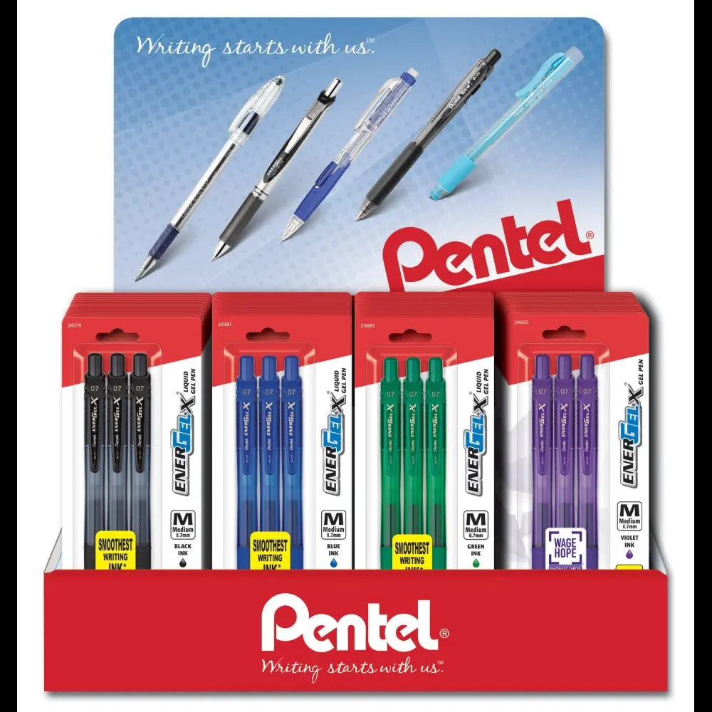 EnerGel-X Liquid Gel Pen, (0.7mm) Med. Line, Metal Tip, Assorted Ink, 3-Pks, Blister Pack Counter Display - 48 Pieces