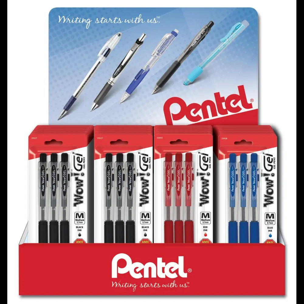 Wow! Gel Retractable Gel Pen, (0.7mm) Medium Line, Assorted Ink, Spinner Display - 36 Pieces