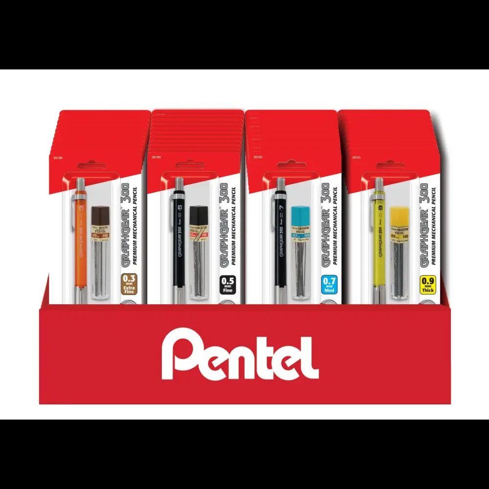 GraphGear 300 Mechanical Pencil, (0.3/0.5/0.7/0.9mm) Extra-Fine/Fine/Medium/Thick line, Assorted Barrels, with small block eraser + 1 refill lead tube (12 ea/ tube), 1-pk Blister Pack Counter Display - 48 Pieces