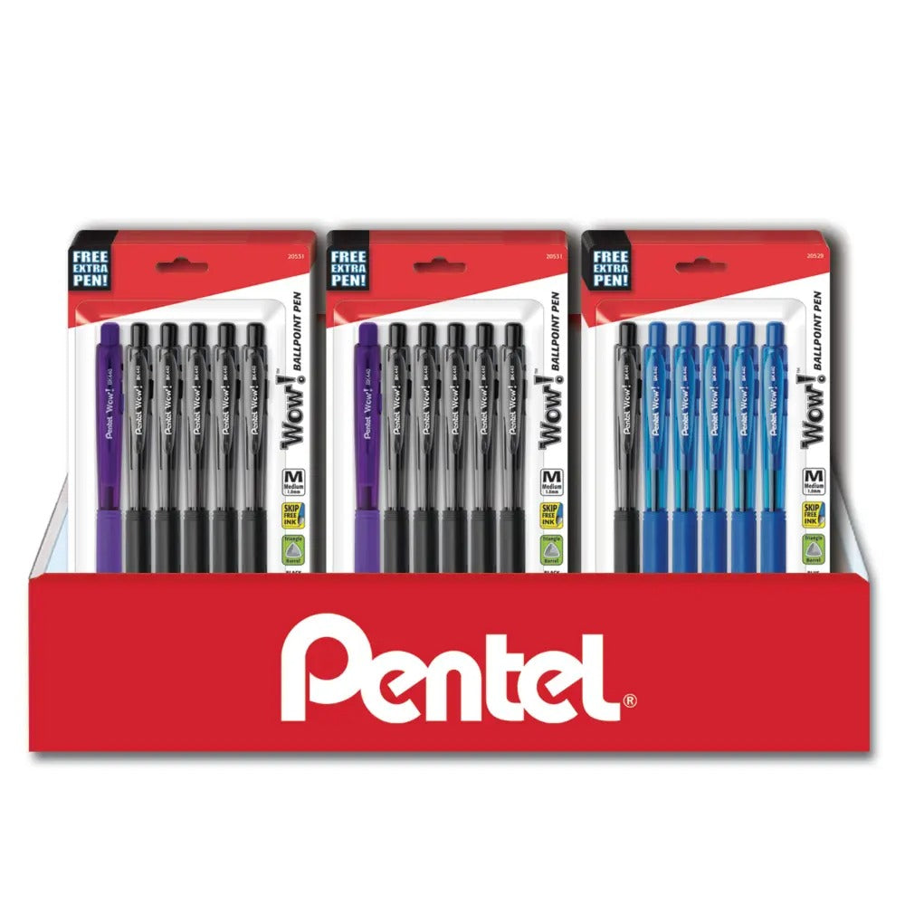 Wow! Retractable Ballpoint Pen, (1.0mm) Medium Line, Black/Blue Ink, 5-packs with FREE Extra WOW! 1.4mm Pen, Counter Display 36pcs