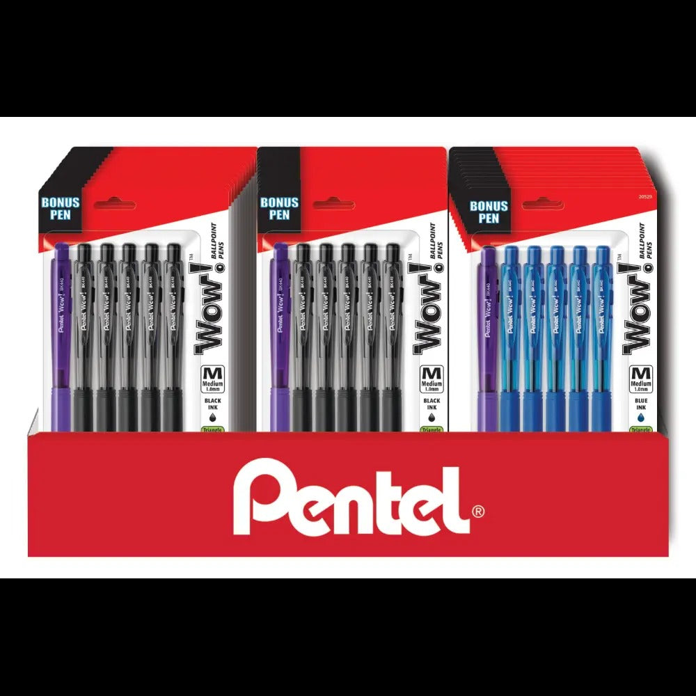 Wow! Retractable Ballpoint Pen, (1.0mm) Medium Line, Black/Blue Ink, 5-packs with FREE Extra WOW! 1.4mm Pen, Counter Display 36pcs
