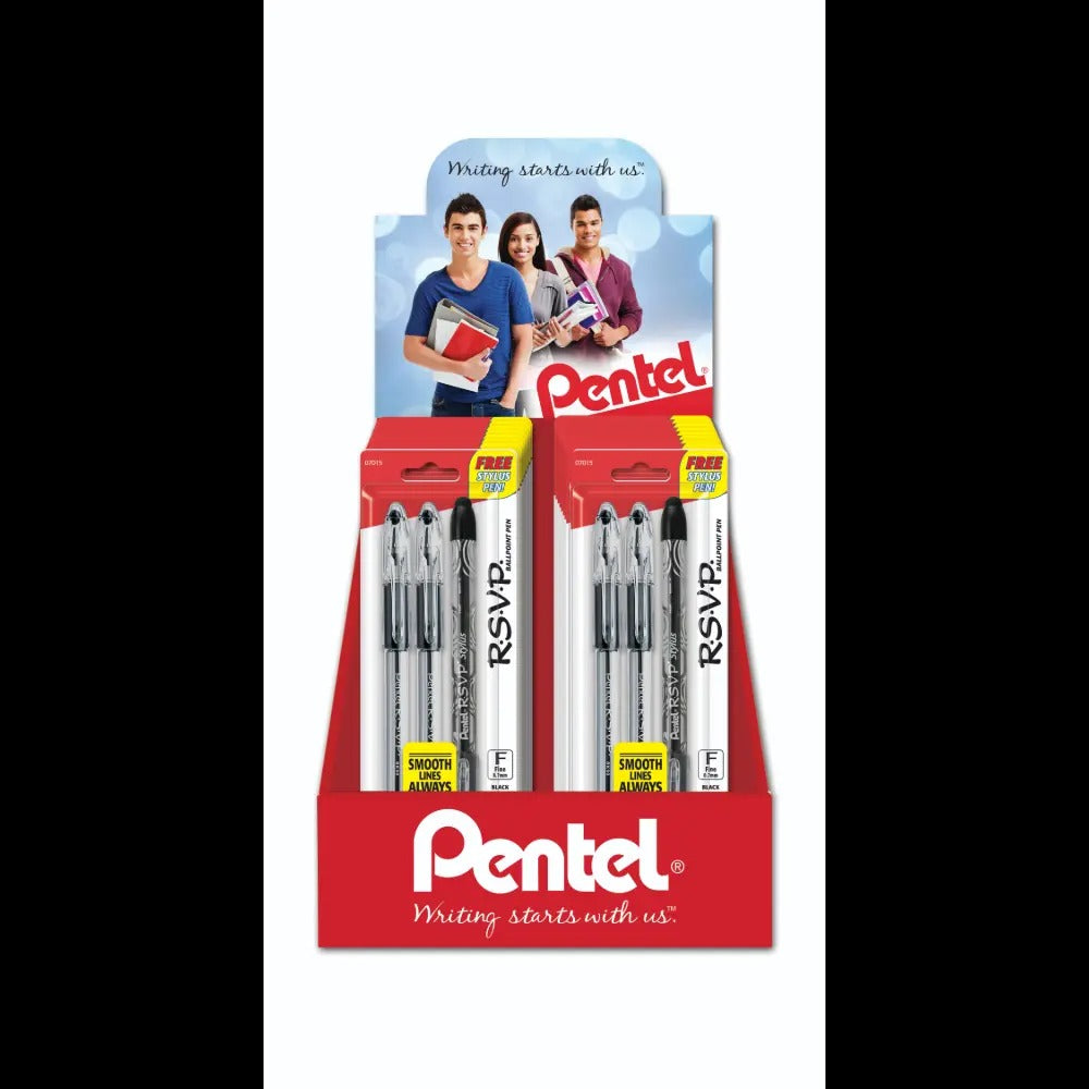 RSVP Ballpoint Pen, (0.7mm) Fine Line, Black Ink 2-packs Blister Pack Counter Display - 18 Pieces