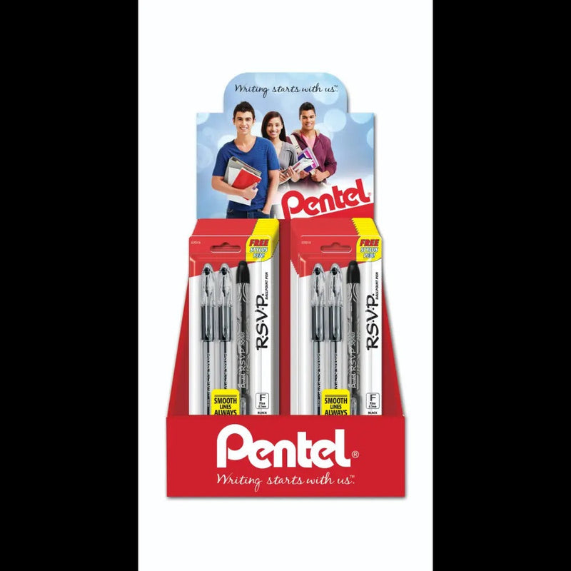RSVP Ballpoint Pen, (0.7mm) Fine Line, Black Ink 2-packs Blister Pack Counter Display - 18 Pieces