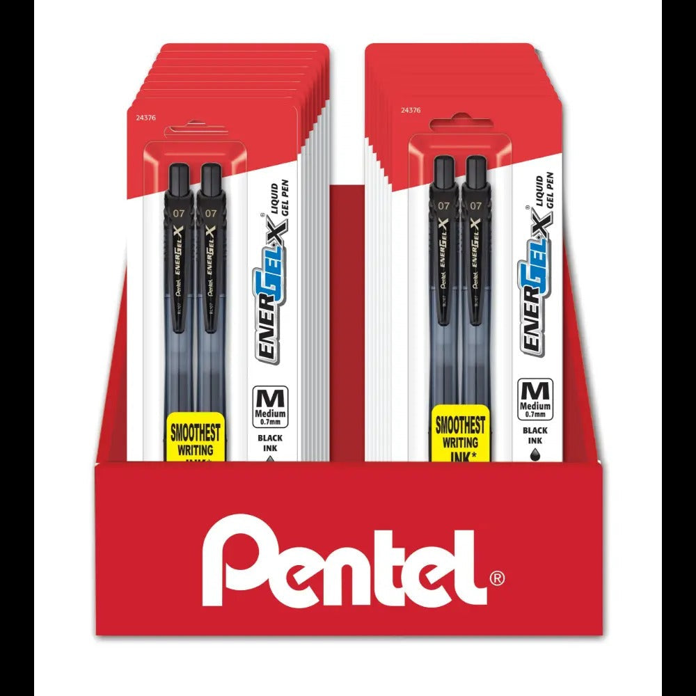 EnerGel-X Liquid Gel Pen, (0.7mm) Med. Line, Metal Tip, Black Ink, 2-Pks, Blister Pack Counter Display - 18 Pieces